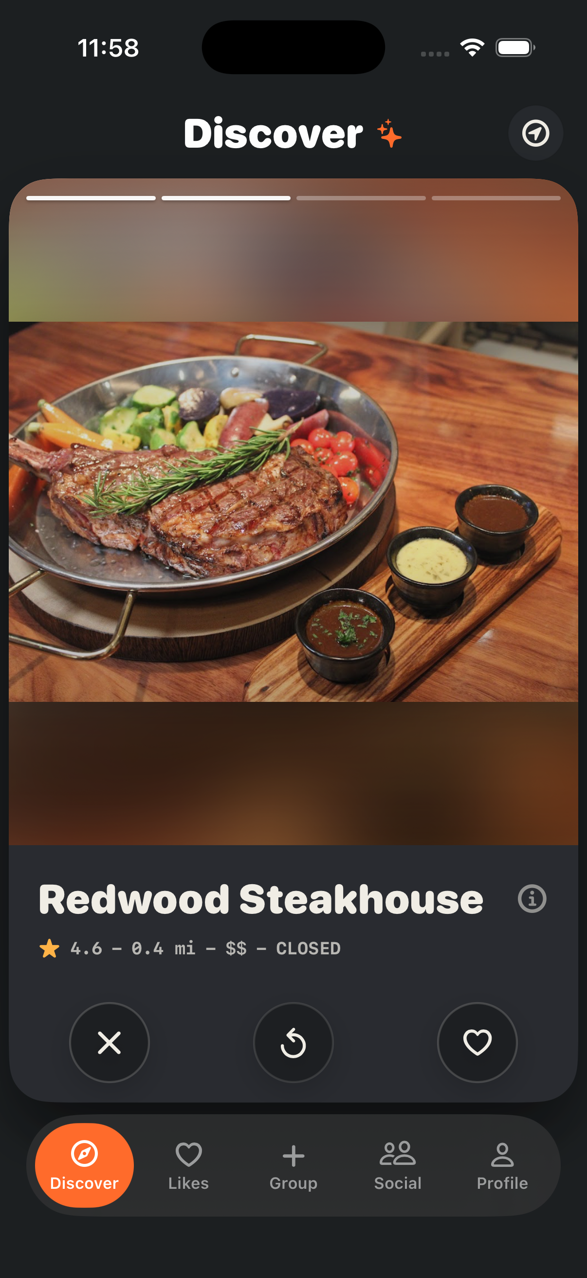 CraveBite Discover showing the Redwood Steakhouse restaurant profile in dark mode