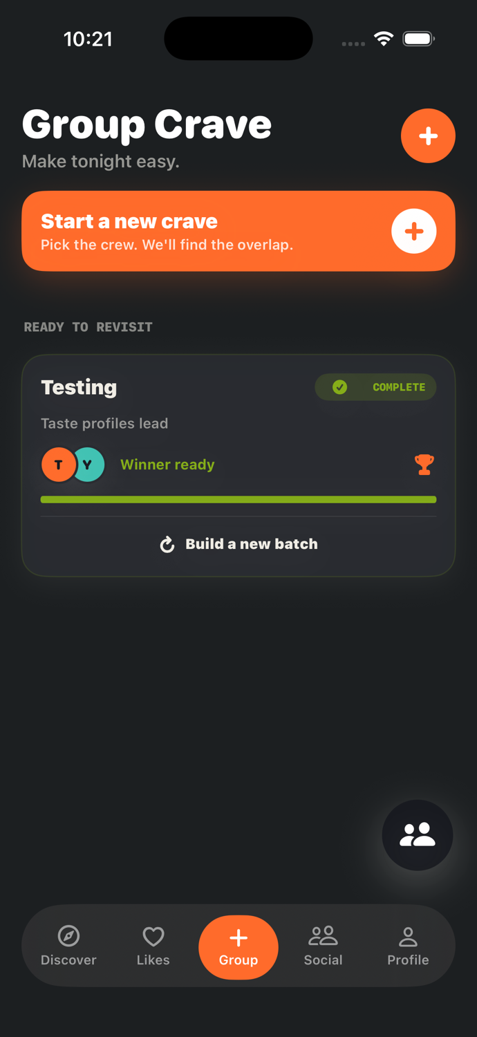 Group Crave showing a completed restaurant match with visible group progress
